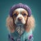 Dog cavalier king generative ai. Charles spaniel breed puppy in brown hair grooming wearing knitted