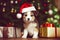 Dog celebrating christmas. Cute  puppy with christmas gifts and santa`s hat. ai generated. Puppy santa claus