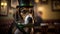 Dog character in top hat with green ribbon celebrates St. Patrick day in pub drinking beer, AI generative