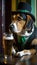 Dog character in top hat with green ribbon celebrates St. Patrick day in pub drinking beer, AI generative