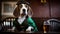 Dog character in top hat with green ribbon celebrates St. Patrick day in pub drinking beer, AI generative