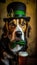 Dog character in top hat with green ribbon celebrates St. Patrick day in pub drinking beer, AI generative