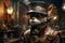 The dog character wears a hat and goggles in steampunk-era costume featuring steam-powered machinery and Victorian architecture.