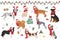 Dog characters in Santa hats and scarves. Christmas holiday design