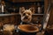 dog chef, with bowl of freshly cooked and seasoned dog food on board, in warm and cozy kitchen