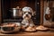 dog chef, with bowl of freshly cooked and seasoned dog food on board, in warm and cozy kitchen