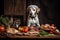 dog chef, with ingredients and tools for cooking, preparing tasty meal for his beloved owner