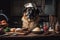 dog chef, with ingredients and tools for cooking, preparing tasty meal for his beloved owner