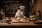 dog chef, with paws on board and knife in hand, preparing ingredients for paw-bidden meal