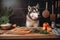 dog chef, with paws resting on board, preparing gourmet meal of fish fillet and vegetables