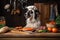dog chef, with paws resting on board, preparing gourmet meal of fish fillet and vegetables