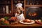 dog chef preparing meal of roasted chicken and vegetables for owner