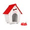 Dog Chew Bone in Red Plastic Bowl for Dog in front of Wooden Cartoon Dog House. 3d Rendering