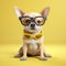 dog chihuahua portrait pet cute cool glasses puppy yellow animal background. Generative AI.