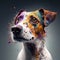 a dog with colorful paint splattered all over it\\\'s face and neck, looking up at the camera with a serious look on its face