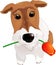 Dog congratulates with a flower.