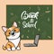 dog corgi back to school cartoon illustration. Cute friendly welsh corgi friend wearing glasses, near the school board