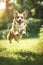 a dog of Corgi breeds rushes along the lawn