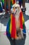 Dog covered with rainbow flag at the event. Gay flag painted on dogs nose during celebration supporting LGBT community rights