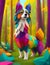 Dog with creative colorful abstract elements on nature background.