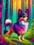 Dog with creative colorful abstract elements on nature background.