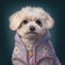 Dog cute maltese portrait. Dog maltese cute breed in funny costume for puppy