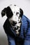 Dog dalmatian in a blue jacket on a white background. Funny portrait with a smirk