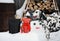 Dog dalmatian in winter yard. Brewing pour over coffee decorated with scarf. Homemade wooden snowman near woodpile