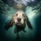 Dog diving underwater, fun dive deep, actions play and training with pets in summer. Illustration, Generative AI