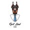 Dog Doberman. Fathers day greeting card. Best dad ever text. Dobermann portrait. White shirt, Blue tie. Dad gift. Vector.