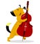 Dog with double bass. Cute dog musician plays a stringed instrument with a contrabass.