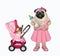 Dog in dress with pink stroller