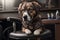 Dog dressed in a leather jacket sitting in a chair in barbershop. Generative AI