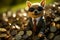 a dog dressed in a suit and sunglasses sits on some coins