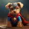 dog dressed up like a superhero sitting on the ground in front of a dark background