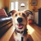 Dog eagerly anticipates dog walk with owner, sitting at front door