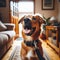 Dog eagerly anticipates dog walk with owner, sitting at front door