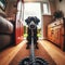 Dog eagerly anticipates dog walk with owner, sitting at front door