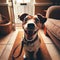 Dog eagerly anticipates dog walk with owner, sitting at front door