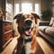 Dog eagerly anticipates dog walk with owner, sitting at front door