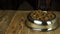 The dog is eating pieces of dry food from a metallic bowl standing on wooden table in slow motion