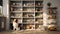 a dog exploring a modern minimalist kitchen, showcasing shelves neatly organized with boxes of delicious dog snacks in