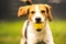 Dog fetch a yellow ball in backyard. Active training with beagle dog