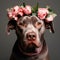 Dog with flowers. Portrait of bull Arab dog with flower crown.