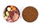 Dog food comparison with bowl with raw meat and vegetables, fish and fruits next to bowl with dried fodder kibbles