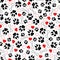 Dog footprints seamless pattern. Pets prints, dogs or kittens background. Puppy foots, hearts and bones fabric vet print