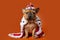 Dog french bulldog in king costume on bright orange isolated background