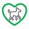 Dog friendly, pet allowed, sign love animal. Dog favorite. Canine in green approved heart. Vector