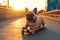 dog funny cute bulldog skateboarder rides skateboard in summer on road at sunset. Generative AI