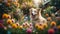 Dog in the garden. Cute dog plays among the flowers. AI generated